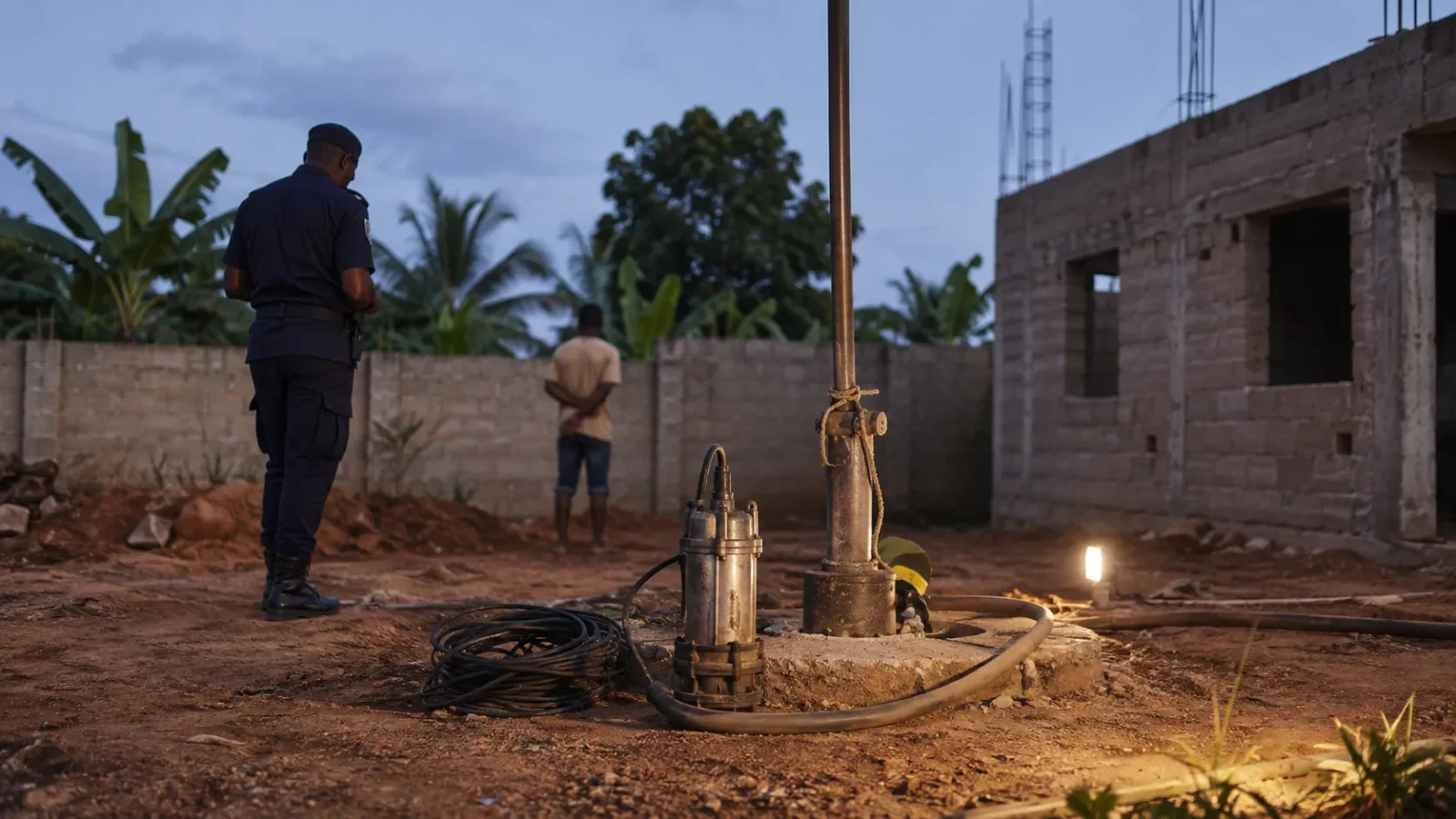 Pompe de forage sur un chantier surveillé par la police à Hêvié.